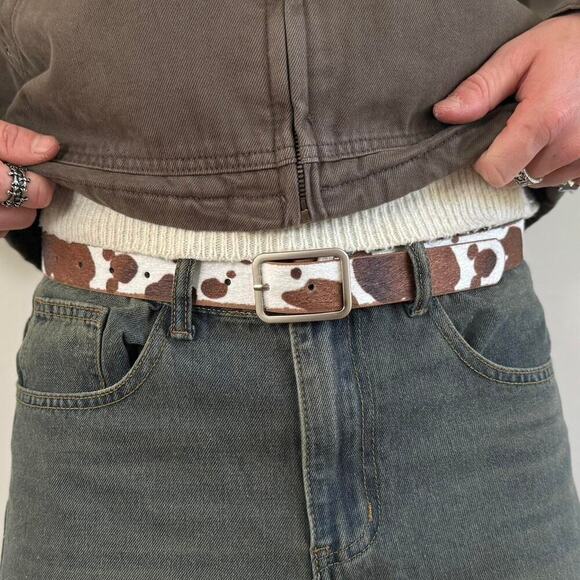 y2k western brown and white cow print cowboy boho belt - Picture 2 of 7